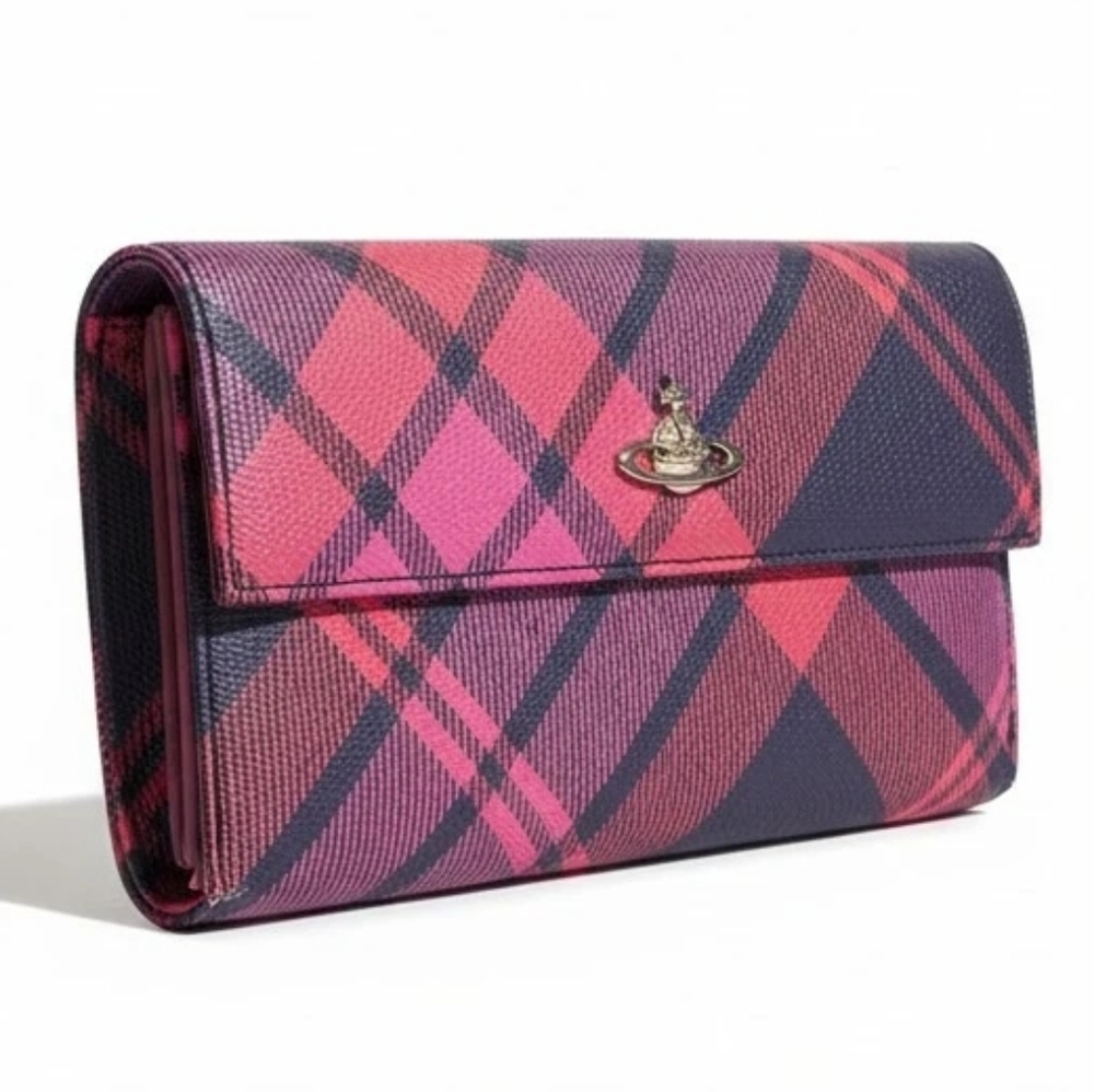Vivienne Westwood Long Wallet Pink Purple Navy Check Pattern